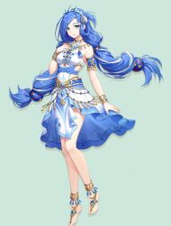 Rule 34 | 1girl, anklet, armlet, bare shoulders, barefoot sandals (jewelry), blue eyes, blue hair, bracelet, breasts, corrupted file, dana (ys), full body, jewelry, long hair, medium breasts, official art, solo, tassel, third-party source, transparent background, ys, ys viii lacrimosa of dana
