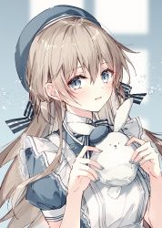 Rule 34 | 1girl, apron, beret, blue dress, blue hat, blue nails, blurry, blurry background, bow, brown hair, commentary, depth of field, dress, frilled apron, frills, grey eyes, hair between eyes, hands up, hat, highres, holding, long hair, looking at viewer, mochizuki shiina, nail polish, original, parted lips, puffy short sleeves, puffy sleeves, short sleeves, smile, solo, striped, striped bow, symbol-only commentary, upper body, very long hair, white apron, window
