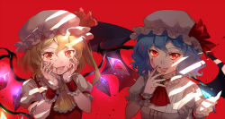 Rule 34 | 2girls, ascot, bat wings, blonde hair, blood, blood on face, blood on hands, blue hair, crystal, ekita kuro, fangs, flandre scarlet, glowing, glowing eyes, grin, hands on own face, hat, hat ribbon, highres, looking at viewer, mob cap, multiple girls, nail polish, open mouth, puffy sleeves, red background, red eyes, remilia scarlet, ribbon, short hair, short sleeves, siblings, side ponytail, simple background, sisters, smile, touhou, upper body, wings, wrist cuffs