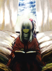 Rule 34 | 1girl, blue eyes, book, cloud, curtains, female focus, indoors, lefthand, long hair, mystic square, shinki (touhou), side ponytail, silver hair, sitting, sky, solo, touhou, touhou (pc-98)