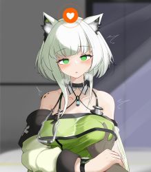 Rule 34 | 1girl, 1other, :o, ambiguous gender, animal ear fluff, animal ears, arknights, bare shoulders, blunt bangs, blush, breasts, cat ears, collarbone, dress, empty eyes, grabbing, grabbing another&#039;s breast, grabbing another's breast, green dress, green eyes, guided breast grab, guiding hand, halter dress, halterneck, highres, holding another&#039;s wrist, indoors, kal&#039;tsit (arknights), large breasts, light rays, long sleeves, looking at viewer, material growth, oripathy lesion (arknights), parted lips, pcaccount13, pov, short hair with long locks, sidelocks, solo focus, stethoscope, upper body, watch, white hair, wristwatch