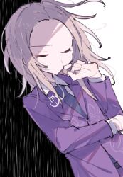 Rule 34 | 1boy, blonde hair, blue necktie, closed eyes, collared shirt, commentary request, facing viewer, floral print, hand on own chin, hand on own elbow, highres, hwr33m, jacket, long hair, long sleeves, makoto kagutsuchi, male focus, master detective archives: rain code, necktie, purple jacket, shirt, solo, white shirt