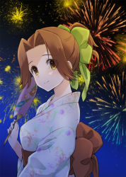 Rule 34 | 10s, 1girl, aerial fireworks, bow, brown eyes, brown hair, eyes visible through hair, fireworks, floral print, from side, hair bow, hair intakes, hair up, hand fan, holding, japanese clothes, jintsuu (kancolle), kantai collection, kimono, night, night sky, obi, paper fan, parted bangs, plum (arch), sash, sky, smile, solo, uchiwa, upper body, yellow bow, yukata