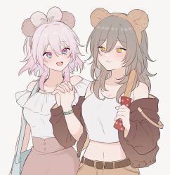 Rule 34 | 2girls, alternate costume, animal ears, bag, bare shoulders, bear ears, belt, black belt, black jacket, blue bag, blue eyes, blush, bow, breasts, buttons, closed mouth, collarbone, eating, fake animal ears, fingernails, food, food on face, grey hair, hair between eyes, hand up, hands up, holding, holding food, holding hands, honkai: star rail, honkai (series), jacket, long hair, long sleeves, looking at another, looking to the side, march 7th (honkai: star rail), medium breasts, multicolored eyes, multiple girls, navel, off-shoulder shirt, off shoulder, open clothes, open jacket, open mouth, orange shorts, pink eyes, pink hair, pink skirt, pocket, polka dot, puffy long sleeves, puffy sleeves, shirt, short hair, shorts, simple background, siro look, skirt, smile, standing, stelle (honkai: star rail), t-shirt, tank top, tongue, trailblazer (honkai: star rail), watch, white background, white bow, white shirt, white tank top, yellow eyes, yuri
