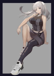 Rule 34 | 1girl, absurdres, adidas, animal ears, bare arms, bare shoulders, black border, black pantyhose, black shirt, border, breasts, cleavage, commentary, grey background, grey eyes, grey skirt, head tilt, highres, hololive, invisible chair, ioriwu8, knee up, large breasts, lion ears, long hair, looking at viewer, midriff peek, miniskirt, navel, outside border, pantyhose, see-through, see-through cleavage, shirt, shishiro botan, shishiro botan (1st costume), shoes, silver hair, simple background, single leg pantyhose, sitting, skirt, sleeveless, sleeveless shirt, sneakers, solo, virtual youtuber, white footwear