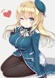 Rule 34 | 10s, 1girl, ;), arm support, ascot, atago (kancolle), bad id, bad pixiv id, beret, black gloves, black pantyhose, blonde hair, blue hat, bow, breasts, eyebrows, gloves, hat, heart, index finger raised, kantai collection, lace trim, large breasts, long hair, looking at viewer, military, military uniform, one eye closed, pantyhose, shadow, simple background, sitting, smile, solo, uniform, yuzu-aki