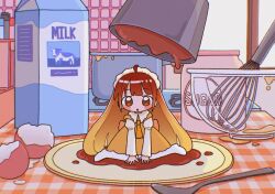 Rule 34 | 1girl, 1nupool, :o, ahoge, blonde hair, blush, brown eyes, brown hair, commentary, dress, eggshell, food, full body, gradient hair, highres, in food, indoors, kitchen, long hair, long sleeves, looking at viewer, milk carton, mini person, minigirl, multicolored hair, original, parted lips, personification, plate, pudding, sitting, solo, symbol-only commentary, very long hair, wariza, whisk, yellow dress