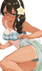 Rule 34 | 1girl, alternate hairstyle, bikini, blue eyes, braid, breasts, commentary, floral print, flower, glasses, hair between eyes, hair flower, hair ornament, hairband, hibiscus, highres, kantai collection, laco soregashi, long hair, looking at viewer, medium breasts, one-piece tan, ooyodo (kancolle), plaid, plaid bikini, sarong, simple background, single braid, smile, solo, strapless, strapless bikini, swimsuit, tan, tanline, twitter username, white background, white flower, white hairband