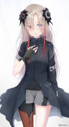 Rule 34 | 1girl, asymmetrical sleeves, black gloves, black jacket, black pantyhose, black shirt, blouse, blue eyes, blush, breasts, brown hair, brown thighhighs, commentary request, eyes visible through hair, fingerless gloves, gloves, grey shorts, hair over one eye, hand up, heterochromia, highres, isekai joucho, jacket, kamitsubaki studio, pantyhose under shorts, long hair, long sleeves, looking at viewer, multicolored hair, pantyhose, parted lips, red eyes, red hair, shirt, short shorts, short sleeves, shorts, single leg pantyhose, small breasts, solo, streaked hair, teratsuki, thighhighs, thighhighs over pantyhose, twitter username, very long hair, virtual youtuber