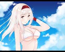 Rule 34 | 10s, 1girl, arm behind head, bare shoulders, bikini, blush, breasts, brown eyes, cleavage, cloud, collarbone, day, hair between eyes, hairband, kantai collection, kiyomin, letterboxed, long hair, looking at viewer, red hairband, shoukaku (kancolle), smile, solo, swimsuit, underboob, upper body, white bikini, white hair, wristband
