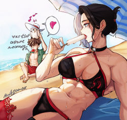 Rule 34 | 1boy, 1girl, 1other, abs, beach, bikini, bird, black hair, blue eyes, breasts, brown hair, cosplay, dripping, eyelashes, food, food focus, food in mouth, hat, heart, highres, lips, looking away, lying, makdraw25, multicolored hair, muscular, muscular female, navel, on side, open mouth, original, popsicle, popsicle in mouth, signature, sky, stomach, sweat, swimsuit, towel, two-tone hair, umbrella, water
