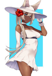 Rule 34 | 1girl, animal ears, arm behind back, arm up, asymmetrical gloves, blue eyes, breasts, choker, closed mouth, collarbone, commentary request, covered navel, cowboy shot, dark-skinned female, dark skin, dress, ears through headwear, elbow gloves, flower, gloves, hai ookami, hair between eyes, hair flower, hair ornament, hand on headwear, hat, highres, long hair, medium breasts, original, outside border, red flower, revision, simple background, smile, solo, standing, tan, uneven gloves, white choker, white dress, white gloves, white hair, white hat