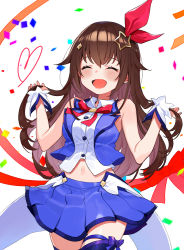 Rule 34 | 1girl, :d, ^ ^, bare shoulders, blouse, blue skirt, blue thighhighs, blue vest, bow, bowtie, brown hair, closed eyes, collared shirt, cowboy shot, facing viewer, hair flaps, hair ornament, hands up, highres, holding, holding own hair, hololive, leg ribbon, long hair, midriff, miniskirt, navel, open mouth, pleated skirt, ribbon, shirt, skirt, sleeveless, sleeveless shirt, smile, solo, star (symbol), star hair ornament, thigh ribbon, thighhighs, tokino sora, tokino sora (1st costume), vest, virtual youtuber, waist cape, white background, white shirt, wing collar, wrist cuffs, yuu (higashi no penguin), zettai ryouiki