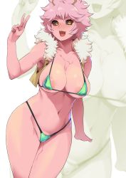 Rule 34 | 1girl, absurdres, areola slip, ashido mina, bare shoulders, bikini, black sclera, blue bikini, blush, boku no hero academia, breasts, cleavage, collarbone, colored sclera, colored skin, cropped vest, female pubic hair, fur collar, highres, horns, large areolae, large breasts, looking at viewer, micro bikini, minakami (flyingman555), navel, open mouth, pink hair, pink skin, pubic hair, pubic hair peek, short hair, smile, swimsuit, thighs, v, vest, yellow eyes
