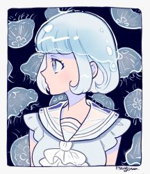 Rule 34 | 1girl, ascot, breasts, commentary, jellyfish, kisaragi yuu (fallen sky), medium breasts, original, profile, see-through, short hair, short sleeves, signature, solo, symbol-only commentary, transparent sailor collar, upper body, white ascot, white hair