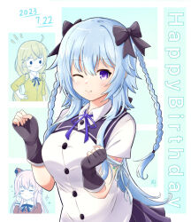 Rule 34 | 3girls, :3, ;), = =, ahoge, aqua background, arm at side, arm ribbon, arm tattoo, assault lily, black bow, black gloves, black ribbon, black sailor collar, black skirt, blue hair, blue ribbon, blush, bow, braid, breasts, buttons, cardigan, clenched hands, closed eyes, closed mouth, collared shirt, commentary, dated, endou araya, fang, fang out, fingerless gloves, gloves, hair between eyes, hair bow, hairpods, hand on own cheek, hand on own face, hand on own hip, hand up, hands up, happy birthday, inoguchi minto, juliet sleeves, kanabako misora, large breasts, long hair, long sleeves, looking at viewer, low twintails, mori tatsuki, multiple girls, neck ribbon, notice lines, one eye closed, pink hair, pleated skirt, puffy sleeves, purple eyes, purple ribbon, rectangle, ribbon, sailor collar, school uniform, shirt, short sleeves, sidelocks, skirt, smile, solid circle eyes, sparkle, standing, tattoo, twin braids, twintails, two-tone background, upper body, v-shaped eyebrows, white background, white shirt, yellow cardigan, yurigaoka girls academy school uniform