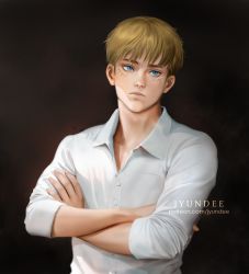 Rule 34 | 1boy, armin arlert, black background, blonde hair, blue eyes, buttons, closed mouth, collared shirt, crossed arms, dress shirt, facial mark, highres, jyundee, looking away, male focus, shingeki no kyojin, shirt, short hair, simple background, sleeves rolled up, solo, spoilers, upper body, white shirt