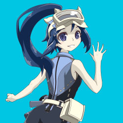 Rule 34 | 1girl, absurdres, aqua background, artist name, artist request, bag, belt, black one-piece swimsuit, blue hair, blush, competition swimsuit, female focus, floating hair, from behind, goggles, goggles on head, hair between eyes, hand wave, handbag, high ponytail, highres, long hair, looking at viewer, looking back, love live!, love live! sunshine!!, matsuura kanan, one-piece swimsuit, parted lips, ponytail, purple eyes, sleeveless, smile, solo, swimsuit, teeth, wavy hair, white belt, zipper, zipper pull tab