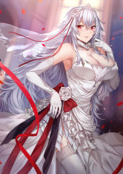 Rule 34 | 1girl, alternate costume, armpits, azur lane, blurry, blurry background, blush, breasts, bridal veil, bride, church, cleavage, cowboy shot, dress, elbow gloves, floating hair, flower, garter straps, gloves, graf zeppelin (azur lane), hair between eyes, highres, jewelry, lace, lace-trimmed legwear, lace trim, large breasts, light particles, long hair, looking at viewer, luzi, messy hair, ornate ring, parted lips, petals, red eyes, ring, rose, sidelocks, silver hair, smile, thighhighs, thighs, tiara, transparent, veil, wedding dress, wedding ring, white dress, white flower, white gloves, white rose, white thighhighs