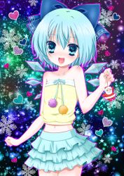 Rule 34 | 1girl, alternate costume, bad id, bad pixiv id, bare shoulders, blue eyes, blue hair, bow, casual, charm (object), cirno, fang, female focus, hair bow, matching hair/eyes, midriff, momose rin, open mouth, santa claus, short hair, skirt, solo, touhou