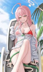 Rule 34 | absurdres, bikini, bikini under clothes, blue archive, bottomless, breasts, chair, halo, hanako (blue archive), hanako (swimsuit) (blue archive), highres, hose, ilbanseomin, large breasts, official alternate costume, oversized clothes, oversized shirt, partially unbuttoned, pink bikini, pink hair, pink halo, see-through, see-through shirt, shirt, swimsuit, wet, wet clothes, wet shirt