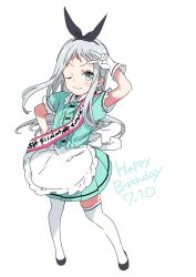 Rule 34 | 10s, 1boy, :3, birthday sash, black hairband, blend s, bow, dated, gloves, green eyes, hair bow, hairband, happy birthday, kanzaki hideri, long hair, looking at viewer, male focus, nakayama miyuki, one eye closed, silver hair, simple background, smile, solo, standing, stile uniform, thighhighs, trap, v, white background, white gloves, wink
