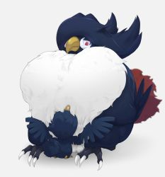 Rule 34 | animal focus, bird, blurry, claws, closed mouth, creatures (company), depth of field, evolutionary line, fluffy, from behind, full body, game freak, gen 2 pokemon, gen 4 pokemon, grey background, half-closed eyes, highres, honchkrow, hotarubi (bugkhdu), hug, looking at another, looking down, murkrow, nintendo, no humans, pokemon, pokemon (creature), red eyes, simple background, solo focus
