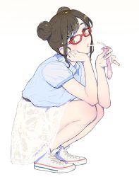 Rule 34 | 1girl, bad id, bad twitter id, belt, black hair, blush, brown eyes, brown hair, condom, condom drain, converse, cum, cum in mouth, cum string, double bun, drinking from condom, drinking straw, from side, full body, glasses, gokkun, hair bun, head rest, holding, lipstick, looking at viewer, makeup, original, parted bangs, pinky out, red-framed eyewear, shoes, short hair, short sleeves, simple background, skirt, sneakers, solo, squatting, swept bangs, used condom, white background, xxzero