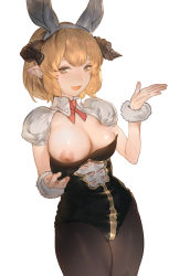 Rule 34 | 10s, 1girl, animal ears, aos, blush, breast slip, breasts, breasts out, clothes pull, cowboy shot, demon horns, draph, fake animal ears, female focus, flashing, granblue fantasy, hairband, horns, large breasts, leotard, looking at viewer, nipples, one breast out, open mouth, pantyhose, playboy bunny, pointy ears, puffy short sleeves, puffy sleeves, pulling, rabbit ears, scrunchie, short hair, short sleeves, simple background, smile, solo, white background, wrist scrunchie