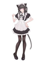 Rule 34 | 1girl, animal ears, apron, black bow, black dress, black footwear, black hair, black pantyhose, blush, bow, cat ears, cat tail, commentary, dress, footwear bow, frilled dress, frills, full body, highres, long hair, looking at viewer, maid, maid apron, maid headdress, mary janes, ni (221), original, pantyhose, paw pose, puffy short sleeves, puffy sleeves, purple eyes, shoes, short sleeves, simple background, solo, standing, tail, waist apron, white background