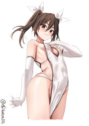Rule 34 | 1girl, alternate costume, blush, breasts, brown eyes, brown hair, closed mouth, covered navel, cowboy shot, cropped legs, dress, ebifurya, elbow gloves, gloves, hair between eyes, hair ribbon, highres, kantai collection, one-hour drawing challenge, pelvic curtain, ribbon, simple background, small breasts, solo, thighs, tone (kancolle), twintails, twitter username, white background, white dress, white gloves