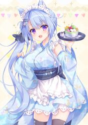 Rule 34 | 1girl, :d, ameto yuki, animal ears, black thighhighs, blue hair, blue kimono, blue sleeves, bowl, breasts, commentary request, detached sleeves, floral print, food, fox ears, fox girl, fox tail, hair between eyes, highres, holding, holding tray, japanese clothes, kimono, kitsune-san (ameto yuki), long hair, long sleeves, looking at viewer, maid, maid headdress, medium breasts, obi, open mouth, original, pinching sleeves, print kimono, print sleeves, purple eyes, sash, side ponytail, sleeveless, sleeveless kimono, sleeves past wrists, smile, solo, spoon, standing, tail, thighhighs, tray, very long hair, wa maid, wide sleeves