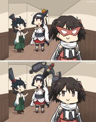 Rule 34 | 3girls, ahoge, black gloves, black hair, brown footwear, brown hair, buttons, commentary request, dated, detached sleeves, double-breasted, elbow gloves, floral print, fusou (kancolle), fusou kai ni (kancolle), gauntlets, gloves, green eyes, green hakama, hair ornament, hakama, hakama short skirt, hakama skirt, hallway, hamu koutarou, hat, headband, highres, japanese clothes, kantai collection, long hair, mask, matsukaze (kancolle), meiji schoolgirl uniform, mini hat, mini top hat, multiple girls, one-hour drawing challenge, red eyes, red skirt, robot, scarf, school uniform, sendai (kancolle), sendai kai ni (kancolle), serafuku, short hair, skirt, spot the differences, swept bangs, top hat, two side up, upper body, wavy hair, white headband, white scarf, wooden floor