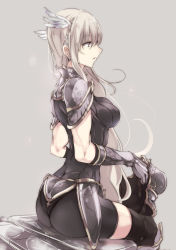 Rule 34 | 1girl, armor, ass, biceps, black eyes, black thighhighs, bodysuit, breastplate, breasts, earrings, faulds, female focus, from behind, gauntlets, gloves, greaves, grey background, grey hair, head wings, highres, holding, jewelry, long hair, mole, mole under mouth, muscular, open mouth, original, pauldrons, profile, purple eyes, shoulder armor, simple background, sitting, skin tight, solo, thighhighs, toned, touma kisa, white hair, wings, zettai ryouiki