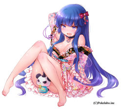 Rule 34 | 1girl, arm behind head, bad id, bad pixiv id, bare shoulders, barefoot, blue hair, blush, bow, breasts, choker, cleavage, collar, fang, feet, female focus, floral print, full body, hair bow, hizuki akira, japanese clothes, kimono, legs, long hair, looking at viewer, off shoulder, open mouth, original, panda, purple eyes, sangoku infinity, sidelocks, simple background, sitting, solo, tears, toes, very long hair, watermark, white background
