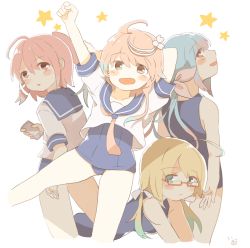 Rule 34 | 4girls, ahoge, arm behind head, arm up, artist name, blonde hair, blue eyes, blue hair, blue sailor collar, blush, cellphone, closed mouth, collarbone, commentary, gradient hair, green hair, hair between eyes, hair ornament, hair ribbon, holding, holding phone, i-168 (kancolle), i-19 (kancolle), i-58 (kancolle), i-8 (kancolle), ina (1813576), kantai collection, long hair, looking at viewer, low twintails, multicolored hair, multiple girls, neckerchief, one-piece swimsuit, open mouth, phone, pink eyes, pink hair, pink neckerchief, ponytail, red eyes, red hair, red ribbon, ribbon, sailor collar, school swimsuit, school uniform, serafuku, short hair, sidelocks, simple background, smartphone, smile, star-shaped pupils, star (symbol), swimsuit, swimsuit under clothes, symbol-shaped pupils, tri tails, twintails, white background, white ribbon
