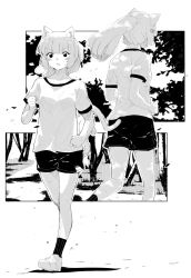 Rule 34 | 1girl, animal ears, cat ears, cat girl, cat tail, greyscale, highres, leoharju, monochrome, open mouth, original, outdoors, ponytail, running, shirt, shoes, shorts, sneakers, socks, tail