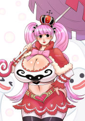 Rule 34 | 1girl, black eyes, blush, breasts, cleavage, crown, hand on own hip, huge breasts, large breasts, lipstick, long hair, looking at viewer, makeup, navel, one piece, perona, pink hair, pinkkoffin, smile, tagme, twintails, umbrella