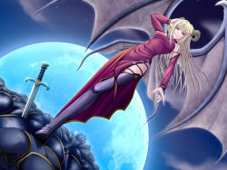 Rule 34 | 1girl, adjusting hair, aged up, arm up, armor, armpits, bare shoulders, bat wings, battle, blonde hair, boots, bridal gauntlets, brown eyes, claws, cloud, demon girl, demon wings, detached sleeves, dress, dutch angle, fingernails, floating hair, full armor, full moon, game cg, gauntlets, hair between eyes, hair intakes, hair ornament, hairclip, hand on head, hatozuki tsumiki, horns, long fingernails, long hair, looking at viewer, meishoku no reiki, moon, multicolored eyes, night, night sky, outdoors, purple eyes, purple thighhighs, seobit, sharp nails, side slit, sidelocks, sky, smile, standing, star (sky), starry sky, stepped on, sword, thigh boots, thighhighs, wallpaper, weapon, wind, wings, yellow eyes
