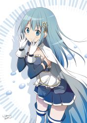 Rule 34 | 1girl, alternate hair length, alternate hairstyle, blue eyes, blue hair, blue skirt, blush, boots, cape, closed mouth, collarbone, commentary request, detached sleeves, fortissimo, frilled shirt, frills, glint, gloves, hair between eyes, hair ornament, highres, long hair, long sleeves, looking at viewer, magia record: mahou shoujo madoka magica gaiden, magical girl, mahou shoujo madoka magica, miki sayaka, musical note, musical note hair ornament, piano keys, pleated skirt, ragho no erika, shirt, skirt, smile, solo, standing, strapless, thigh boots, thighhighs, very long hair, water drop, white cape, white footwear, white gloves, white thighhighs