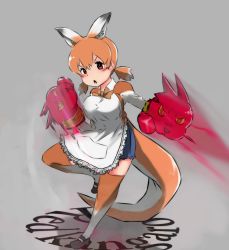 Rule 34 | 10s, 1girl, apron, bad id, bad pixiv id, blush, bow, bowtie, boxing gloves, character name, full body, grey background, highres, kangaroo ears, kangaroo tail, kemono friends, low twintails, multicolored hair, open mouth, orange eyes, orange hair, punching, red kangaroo (kemono friends), simple background, solo, takapon, thighhighs, twintails, two-tone hair, white hair