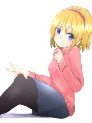 Rule 34 | 1girl, alice margatroid, alternate costume, bad id, bad pixiv id, black pantyhose, blonde hair, blue eyes, blush, contemporary, hairband, pantyhose, short hair, smile, solo, touhou, tsubuika (syugyouaka), white background