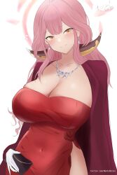 Rule 34 | 1girl, absurdres, aru (blue archive), aru (dress) (blue archive), blue archive, blush, breasts, cape, cleavage, collarbone, covered navel, dress, earrings, gloves, halo, head tilt, highres, jewelry, large breasts, looking at viewer, medium hair, nashuhentai, necklace, pink hair, purple cape, red dress, smile, solo, white gloves