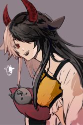 Rule 34 | 1girl, animal ears, animal print, black hair, breasts, cow, cow ears, cow horns, grey background, hair over one eye, haori, highres, horns, japanese clothes, large breasts, long hair, looking at viewer, multicolored hair, open mouth, red eyes, red horns, smile, solo, split-color hair, touhou, two-tone hair, ushizaki urumi, wamaru