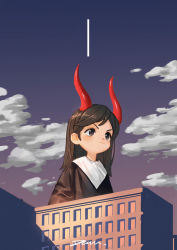 Rule 34 | 1girl, absurdres, blush, brown eyes, brown hair, building, closed mouth, cloud, devil lo, giant, giantess, highres, horns, long hair, original, outdoors, signature