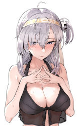 Rule 34 | 1girl, ahoge, bikini, black bikini, blush, breasts, cleavage, clothes writing, fingers together, grey eyes, hachimaki, hair between eyes, hair ornament, headband, kantai collection, large breasts, lips, one side up, open mouth, silver hair, simple background, solo, suzutsuki (kancolle), sweat, swimsuit, upper body, white background, white headband, yukiguni yuu