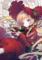 Rule 34 | 1girl, blonde hair, blue eyes, bow, capelet, dress, flower, gothic lolita, hat, highres, lolita fashion, long hair, long sleeves, looking at viewer, nilitsu, plant, red dress, red rose, rose, rozen maiden, shinku, solo, very long hair, vines