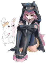 1girl animal_ears ass black_jacket black_thighhighs bow brown_skirt closed_mouth collared_shirt danganronpa_(series) danganronpa_2:_goodbye_despair diaper ear_bow fake_animal_ears highres hood hood_up hooded_jacket jacket long_sleeves medium_hair monomi_(danganronpa) nanami_chiaki neck_ribbon open_clothes open_jacket pi_no_(qqy6xxf8zxmbvyy) pink_bag pink_ribbon pleated_skirt ribbon sad shirt simple_background sitting skirt sleeves_past_wrists thighhighs white_background