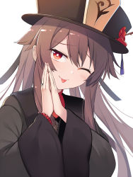 Rule 34 | 1girl, ;p, black hat, blush, brown hair, commentary request, e.o., fingernails, genshin impact, hat, highres, hu tao (genshin impact), jewelry, long hair, looking at viewer, one eye closed, red eyes, ring, simple background, solo, star-shaped pupils, star (symbol), symbol-shaped pupils, tongue, tongue out, upper body, white background