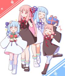Rule 34 | +++, + +, 4girls, ^ ^, aged down, alternate costume, armpits, arms up, birthday, black dress, black footwear, blue hair, blue ribbon, blue thighhighs, blunt bangs, blush stickers, boots, box, clone, closed eyes, closed mouth, collared dress, commentary, detached sleeves, dress, flower knot, full body, gift, gift box, grey dress, grey footwear, hand on another&#039;s head, hand up, highres, himajin narou, holding, holding gift, knee boots, kotonoha akane, kotonoha aoi, laughing, long hair, looking at another, multiple girls, neck ribbon, open mouth, pink eyes, pink hair, pink thighhighs, rainbow order, red ribbon, ribbon, running, short sleeves, siblings, sidelocks, sisters, sleeveless, sleeveless dress, smile, thighhighs, voiceroid, white background, wide sleeves